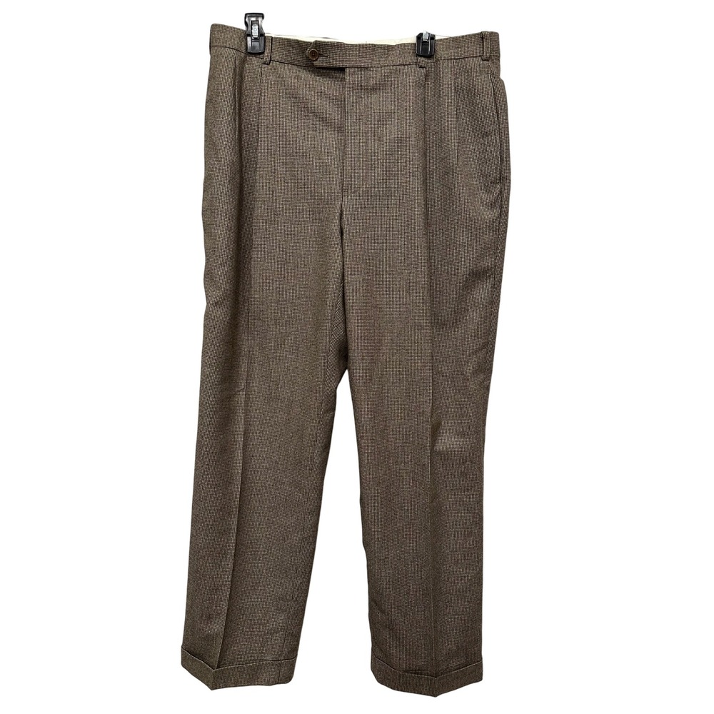 Brooks Brothers 346 Mens Brown Houndstooth 100% Wool Pleated Cuffed Pants 36x30